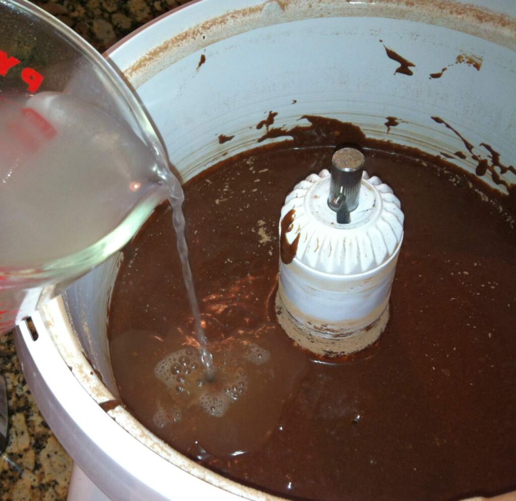 Adding hot water to cake batter