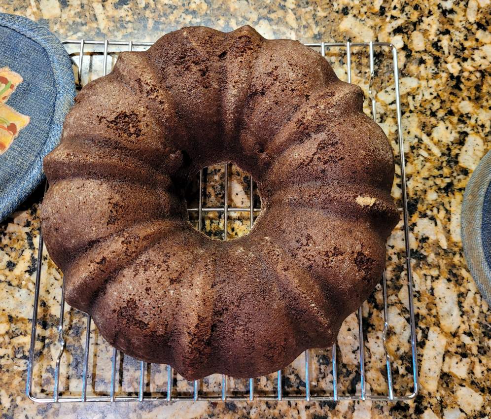 Chocolate Bunt Cake - Baked, cooling on rack
