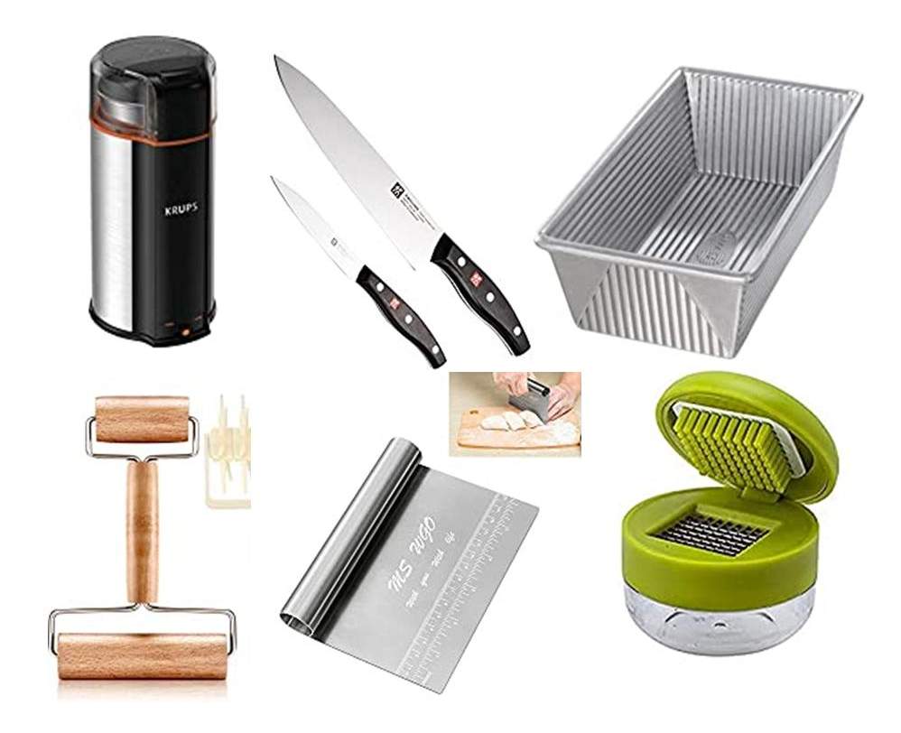 Grinder, Knife Set, Bread Pan, Dough Roller, Dough Cutter, Garlic Mincer